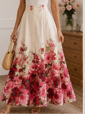 NWOT Nancy Yang Pink Floral Border Print Button Front Maxi Skirt S